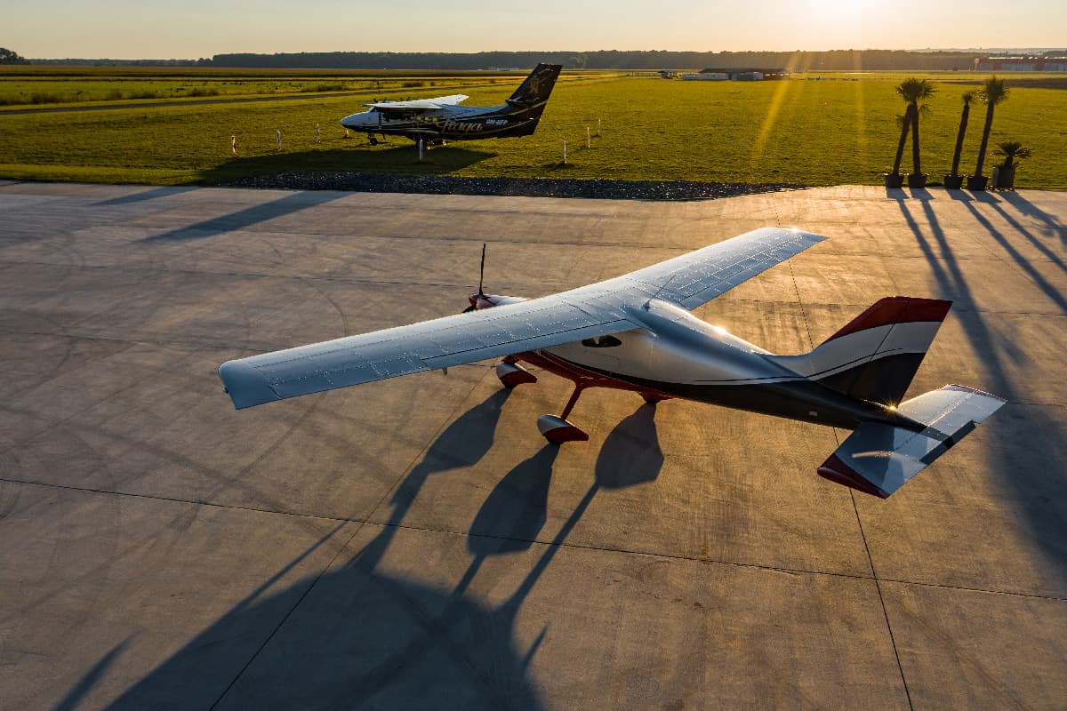 Aerial view of the Bristell B8M on the apron at sunset