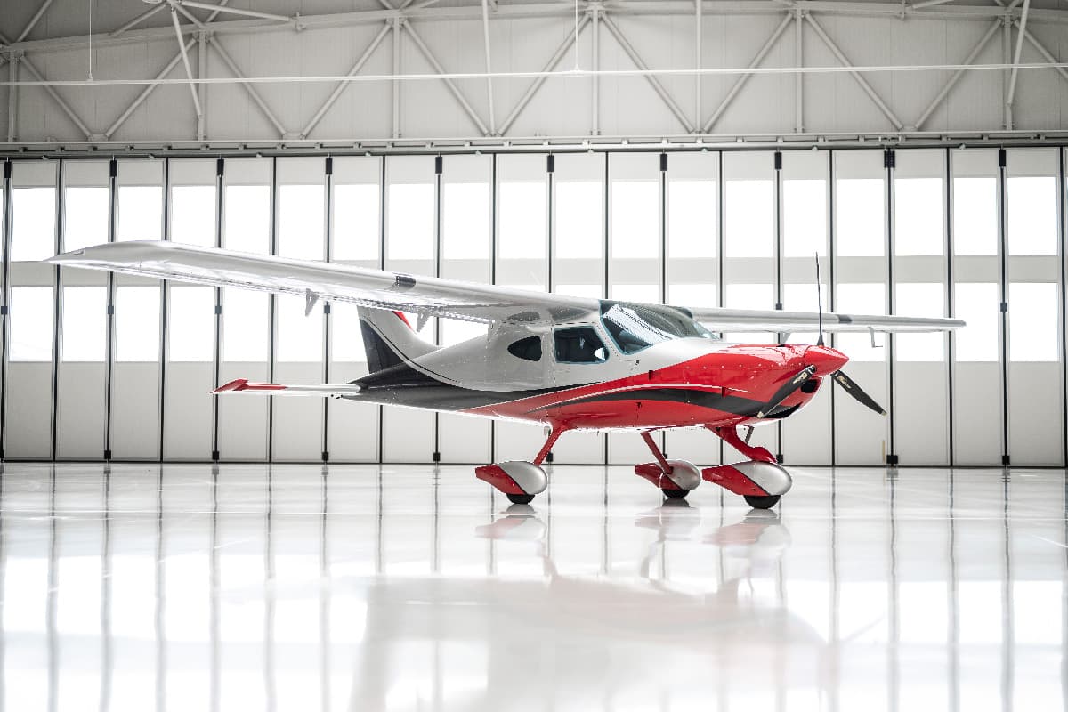 Bristell B8M front quarter view inside the hangar
